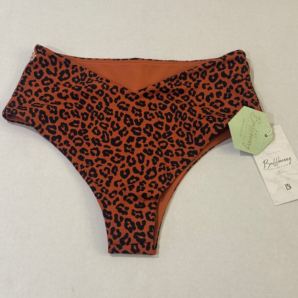 Buffbunny Bikini Bottoms Womens Small Brown Leopard High Waist NEW Crossover V - Picture 6 of 8